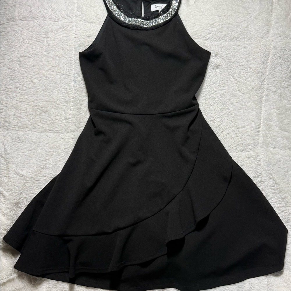 NWOT Speechless Kids Crystal/Ruffle Black Sleeveless Fit & Flare Dress Sz 8